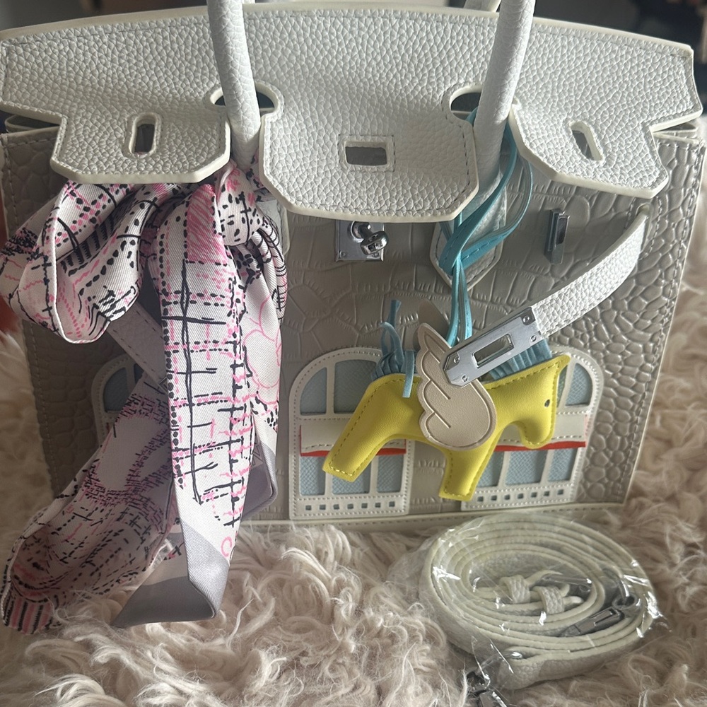 Elegant White Handbag with Scarf and Charms